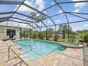 Sparkling screened-in pool and hot tub with patio space, lush greenery, and a view of the lake at 2730 River Woods Dr, Parrish, FL 34219