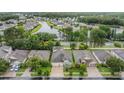 Aerial view of neighborhood with homes, trees, and lake in the background on a sunny day at 31331 Anniston Dr, Wesley Chapel, FL 33543