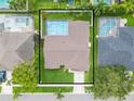 Aerial view of a home with a screened pool and fenced backyard at 1838 Eagle Ridge Blvd, Palm Harbor, FL 34685