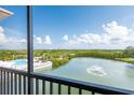 Screened balcony view of pond, fountain, mangroves, skyline and community pool in distance at 4345 Bayside Village Dr # 303, Tampa, FL 33615
