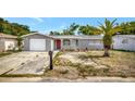 Exterior view of a gray home with a red front door and a front lawn at 7411 Seashore Dr, Port Richey, FL 34668