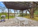 A spacious brick patio with a pergola, outdoor dining set, and grill overlooking a serene lake at 12529 Mondragon Dr, Tampa, FL 33625