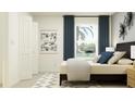 Bright bedroom with neutral decor, a window with blue drapes, and modern art at 13510 White Gold Run, Parrish, FL 34219