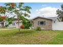 Attractive single-story home with lush green lawn, side fence, and flowering Royal Poinciana at 2020 Douglas Ave, Dunedin, FL 34698