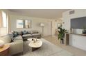 Bright living room features neutral walls, stylish furnishings, and large windows at 2020 Douglas Ave, Dunedin, FL 34698