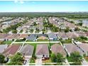 Wide aerial view of a residential neighborhood featuring neatly arranged homes, green lawns, and tree-lined streets at 7611 Wood Violet Dr, Gibsonton, FL 33534