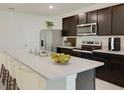 Modern kitchen with stainless steel appliances, dark wood cabinets, and a large island with seating at 7696 Wheat Stone Dr, Zephyrhills, FL 33540
