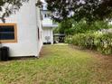 Side yard with green grass and mature trees providing a private, serene outdoor space at 20989 Negril, Lutz, FL 33558