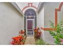 Close-up of the home's entryway, showing colorful plants and the front door at 25101 Hyde Park Blvd, Land O Lakes, FL 34639
