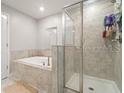 Beautiful bathroom featuring a separate shower and luxurious soaking tub at 1395 White Fox Run, Lutz, FL 33549