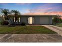 Attractive single-story home at sunset with a well-kept lawn and mature palm trees in the front yard at 5377 Springwood Blvd, Pinellas Park, FL 33782
