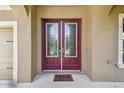 Elegant double front doors with decorative glass and a welcoming doormat at 11407 Drifting Leaf Dr, Riverview, FL 33579