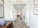 Inviting hallway with wood-look tile flooring and neutral walls, leading to living areas with elegant decor at 18079 Romanesque Ct, Spring Hill, FL 34610