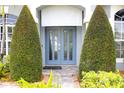 Elegant front door entrance with dual topiary accents and a brick pathway at 1842 Ridgelake Ct, Wesley Chapel, FL 33543