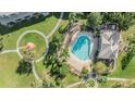 Aerial view of the community pool surrounded by landscaping and walkways at 2248 Lake Woodberry Cir, Brandon, FL 33510