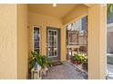 Inviting covered entry with a gray front door, complemented by colorful plants and tiled flooring at 6049 Moorings S Dr, St Petersburg, FL 33712