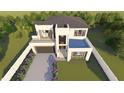 Aerial view of modern two-story home with clean lines, showcasing balcony, garage, and beautifully landscaped surroundings at 4316 Wallace Cir, Tampa, FL 33611