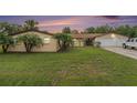 Charming single-story home featuring a two-car garage, well-manicured lawn, and lush tropical landscaping at 9220 Mcintosh Rd, Dover, FL 33527
