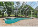 Screened-in pool area with a spa and brick-paved patio surrounded by lush landscaping at 3062 Sutton Woods Dr, Plant City, FL 33566