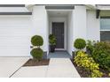 Charming entrance with a gray front door framed by manicured plants and a welcoming walkway at 5687 Barakat Rd, Zephyrhills, FL 33541