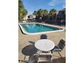 A serene, community pool with bright blue water surrounded by plenty of seating and shaded by mature palm trees at 6306 Newtown Cir # 6A3, Tampa, FL 33615