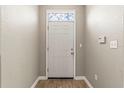 Bright foyer featuring a decorative window above the front door and wood-look flooring at 9842 Lake Chase Island Way, Tampa, FL 33626