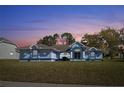 Inviting single-story home with well-manicured lawn, attractive architectural details, and blue accents at 13377 Elise Ln, Spring Hill, FL 34609