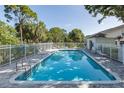 Relaxing community pool surrounded by lush greenery, lounge chairs, and a secure fence for peace of mind at 13521 Forest Lake Dr, Largo, FL 33771
