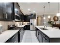 Well-appointed kitchen with black cabinetry, stainless steel appliances, and a central island for food preparation at 6127 Colmar Pl, Apollo Beach, FL 33572