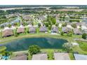 An aerial shot showcasing a home's backyard and serene pond views within a residential community at 6957 Boulder Run Loop, Wesley Chapel, FL 33545