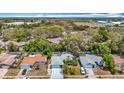 Aerial shot of a residential neighborhood with mature trees, well-maintained lawns, and various home styles at 7613 Bramblewood Dr, Port Richey, FL 34668