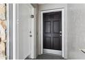 Front entrance featuring black door with stone accents and security features at 7503 Winchester Dr, Tampa, FL 33615