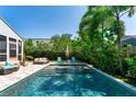 A stunning pool area features a sparkling pool, lounge seating, and mature tropical landscaping for privacy at 115 S Beverly Ave, Tampa, FL 33609
