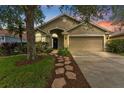 Inviting single-story home with a manicured lawn, stone walkway, and attached two-car garage at 12229 Coldstream Ln, Tampa, FL 33626