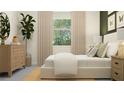 Serene bedroom with a queen bed, plant accents, and a view to the outdoors at 9779 Minnow Ray Dr, Land O Lakes, FL 34638