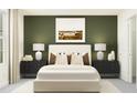 Inviting bedroom features a queen bed, nature art, with dark green accent wall and modern nightstands at 9779 Minnow Ray Dr, Land O Lakes, FL 34638