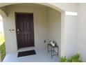 Inviting covered front porch with a dark wooden door and neutral-colored walls at 16728 Kingman Reef St, Wimauma, FL 33598