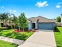 Charming single-story home with a well-maintained lawn, mature trees, and attached two-car garage at 17136 Sunshine Mimosa: St, Wimauma, FL 33598