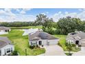 Aerial view of the home featuring solar panels, waterfront views, and lush greenery at 14063 Wineberry Dr, Dade City, FL 33525