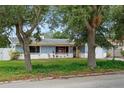 Charming single-story home with blue accents surrounded by mature trees and a well-maintained lawn at 1579 Palmetto St, Clearwater, FL 33755