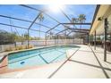 A screened in pool with clear blue water under a blue sky with palm tree views in the backyard at 6503 Santiago Ct, Apollo Beach, FL 33572