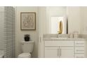 Bright bathroom featuring granite countertops, modern fixtures, and a stylish shower curtain at 10844 Fowlers Bluff Ct, Tampa, FL 33647