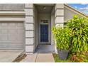 Inviting front entryway with a blue door framed by decorative white pillars and lush plants at 15709 Leatherleaf Ln, Land O Lakes, FL 34638