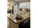 Kitchen with white appliances and cabinets with a view into the dining area at 6905 Summer Harbor Ln, Riverview, FL 33578
