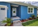 Close-up view of front entrance, showing the front door, manicured landscaping and white trim at 2307 N 47Th St, Tampa, FL 33605