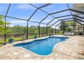 Screened-in pool with a hot tub and lush landscaping at 8441 Danbury Ln, Hudson, FL 34667