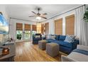 Cozy living room with hardwood floors, a plush blue sofa, and natural light streaming through the windows at 111 29Th W St, Bradenton, FL 34205