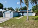 Charming blue single-Gathering home featuring a one car garage, solar panels, and a well manicured front lawn at 11521 Paperwood Pl, Riverview, FL 33579
