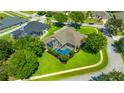 Aerial view of a screened-in pool and manicured lawn, perfect for outdoor enjoyment at 2847 Mossy Timber Trl, Valrico, FL 33596