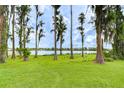 Picturesque backyard with tall trees provides a tranquil view of the lake and surrounding nature at 9827 Sorbonne Loop, Seffner, FL 33584